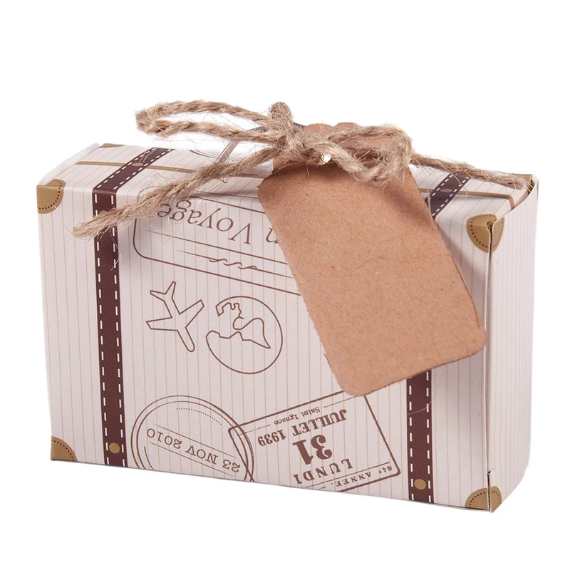 Hot Sale 50pcs Mini Suitcase Favor Box Party Favor Candy Box, Vintage Kraft Paper with Tags and rope for Wedding/Travel Themed P