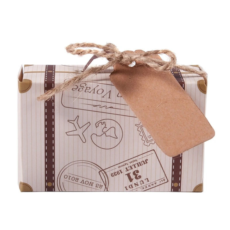 Hot Sale 50pcs Mini Suitcase Favor Box Party Favor Candy Box, Vintage Kraft Paper with Tags and rope for Wedding/Travel Themed P