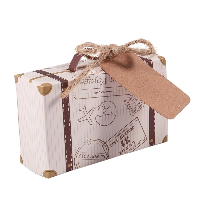 Hot Sale 50pcs Mini Suitcase Favor Box Party Favor Candy Box, Vintage Kraft Paper with Tags and rope for Wedding/Travel Themed P