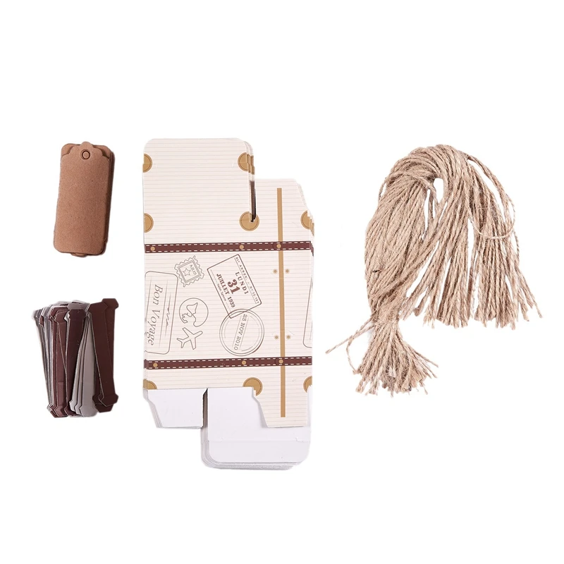 Hot Sale 50pcs Mini Suitcase Favor Box Party Favor Candy Box, Vintage Kraft Paper with Tags and rope for Wedding/Travel Themed P