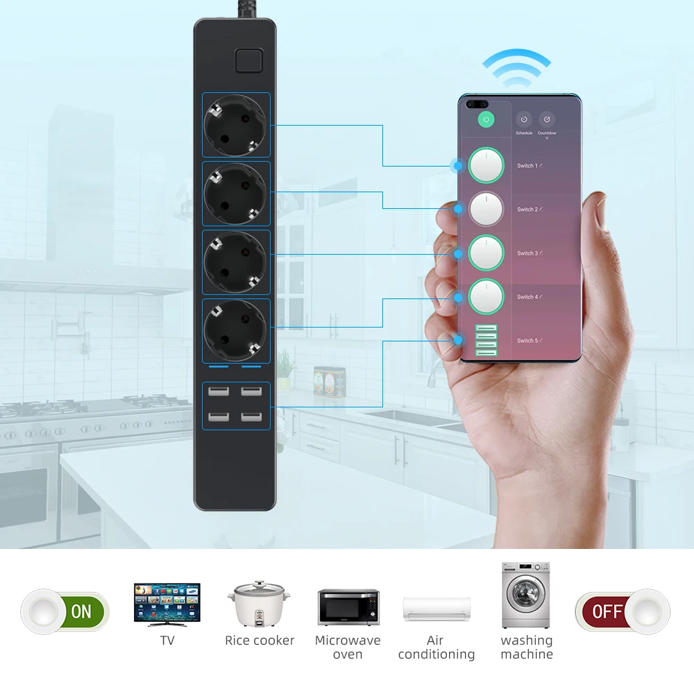 1.8M 3M 5M Wifi Smart Power Strip 4AC Outlets 4USB Plug Charging Port Timing Bluetooth Control with Alexa Google Home Assistant
