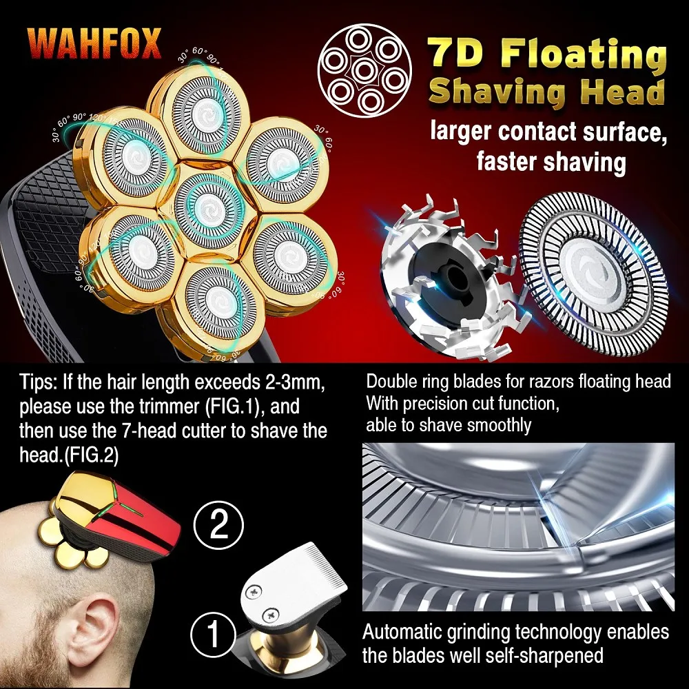 WAHFOX Shaver For Men 7D Independently 7 Cutter Floating Head Waterproof Electric Razor Beard Trimmer Machine New