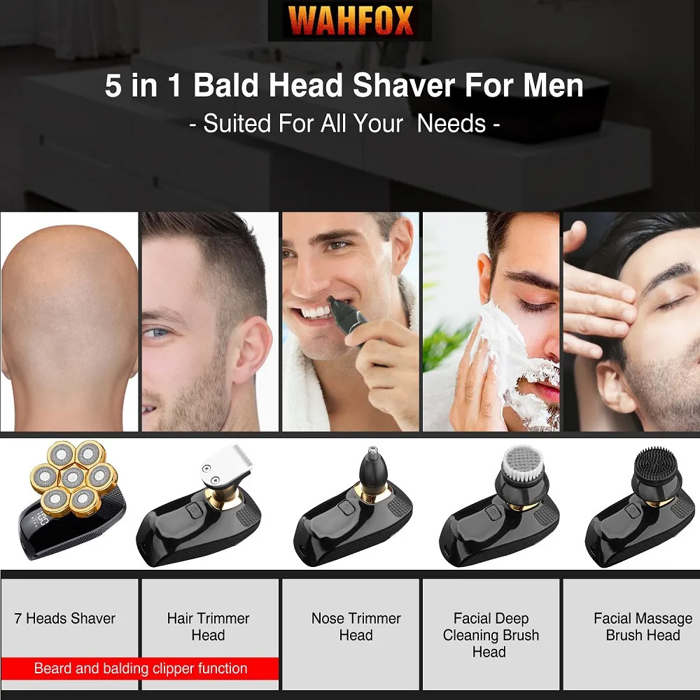 WAHFOX Shaver For Men 7D Independently 7 Cutter Floating Head Waterproof Electric Razor Beard Trimmer Machine New
