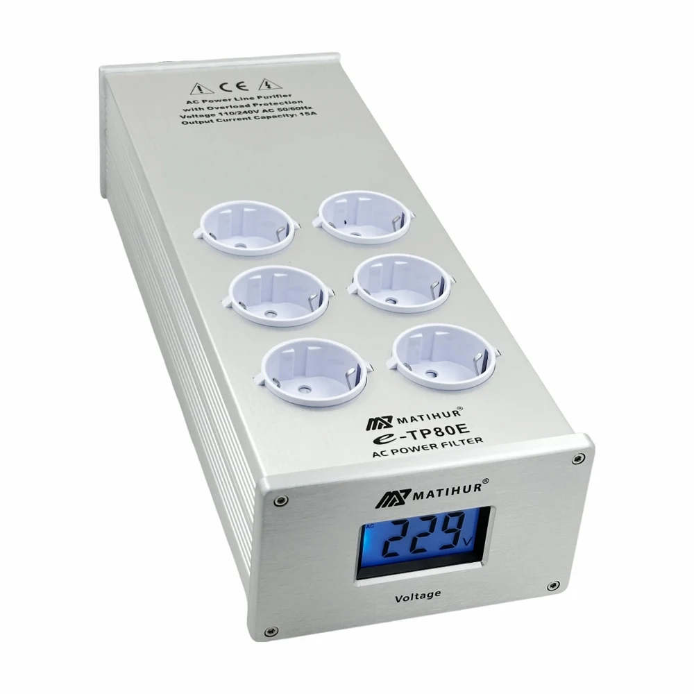 MATIHUR E-TP80 Audio Noise AC Power Filter Power Conditioner Power Purifier Surge Protection with EU Outlets Power Strip Silvery