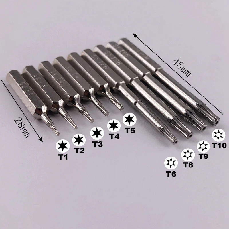 9PCS Torx T1 T2 T3 T4 T5 T6H T8H T9H T10H 28mm&45mmScrewdriver 3/25"(4mm) Bits Mobile Repair Bit Plum Blossoms Repairing Head