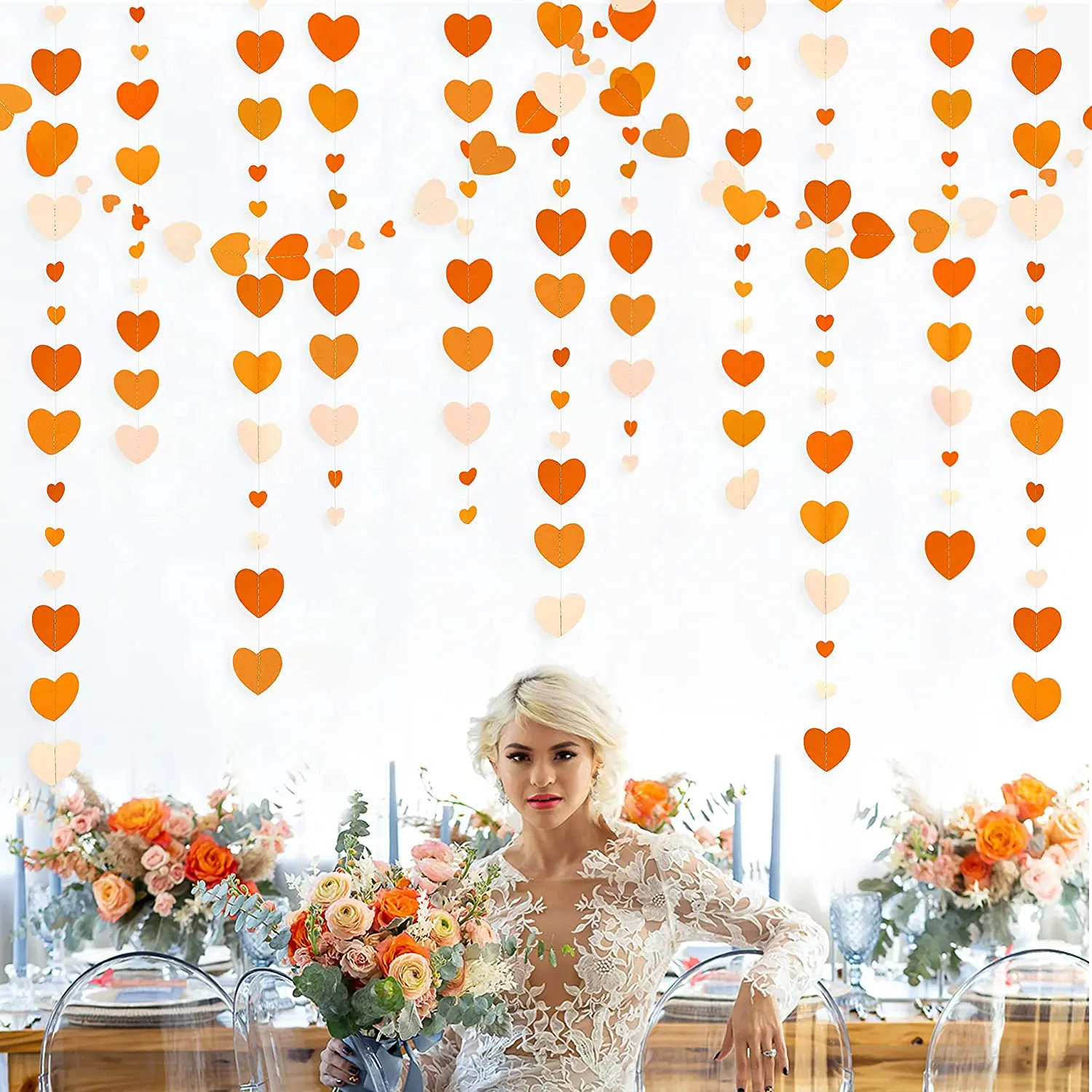 Autumn Paper Heart Garlands Orange Love Hanging Streamers for Fall Wedding Bridal Shower Harvest Thanksgiving Party Decorations
