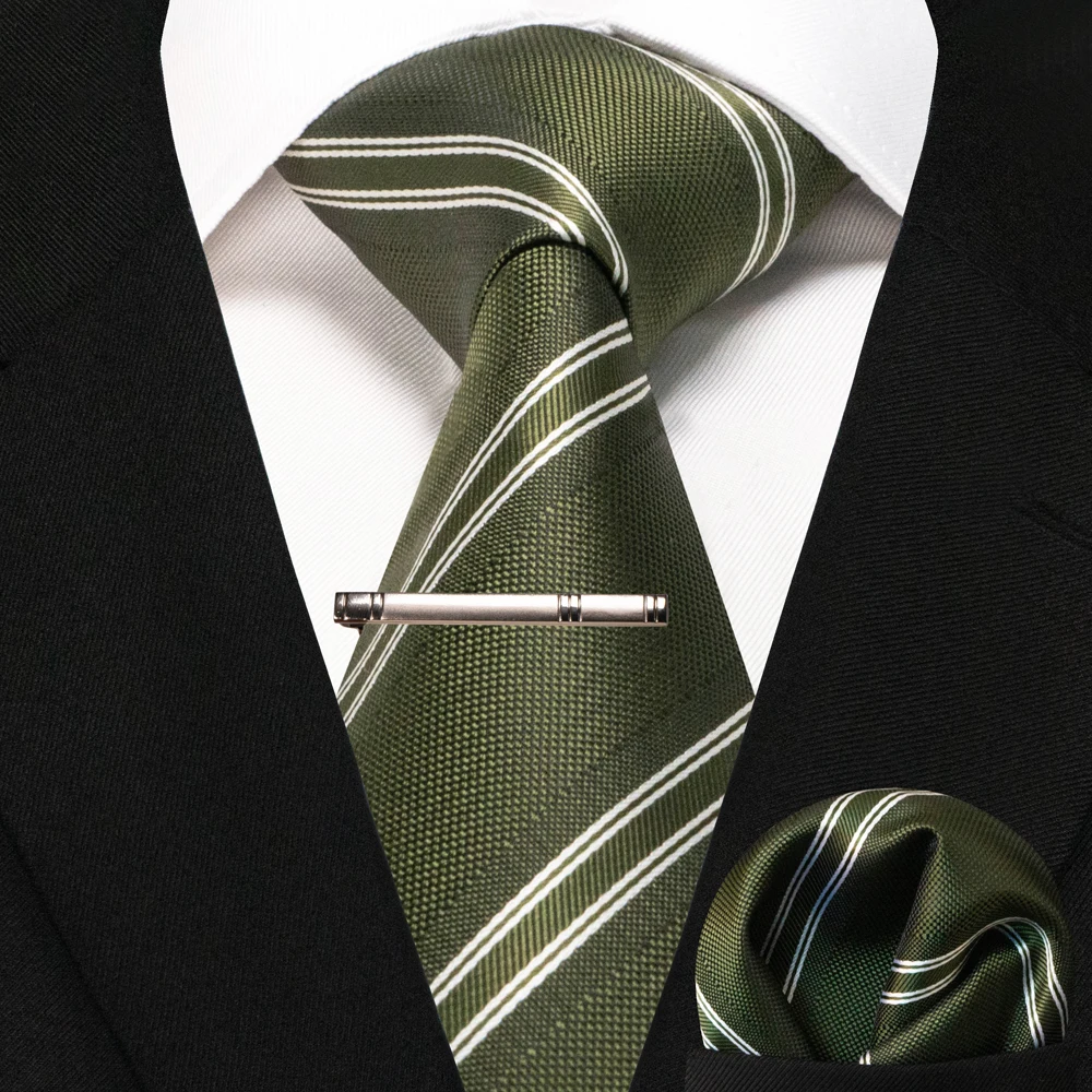JEMYGINS Business Tie for Men Silk Navy Blue Tie Striped Paisley Necktie Handkerchief Tie Clips Set for Wedding Party Gift
