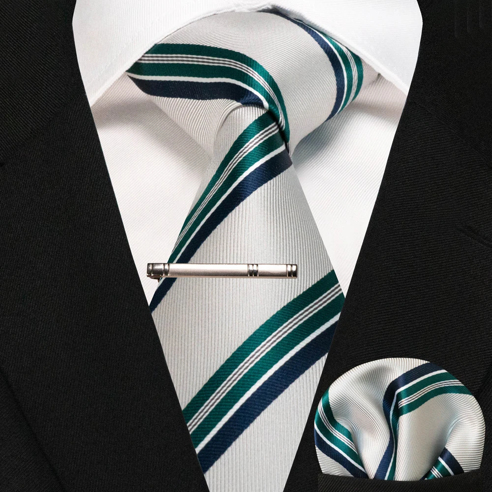 JEMYGINS Business Tie for Men Silk Navy Blue Tie Striped Paisley Necktie Handkerchief Tie Clips Set for Wedding Party Gift