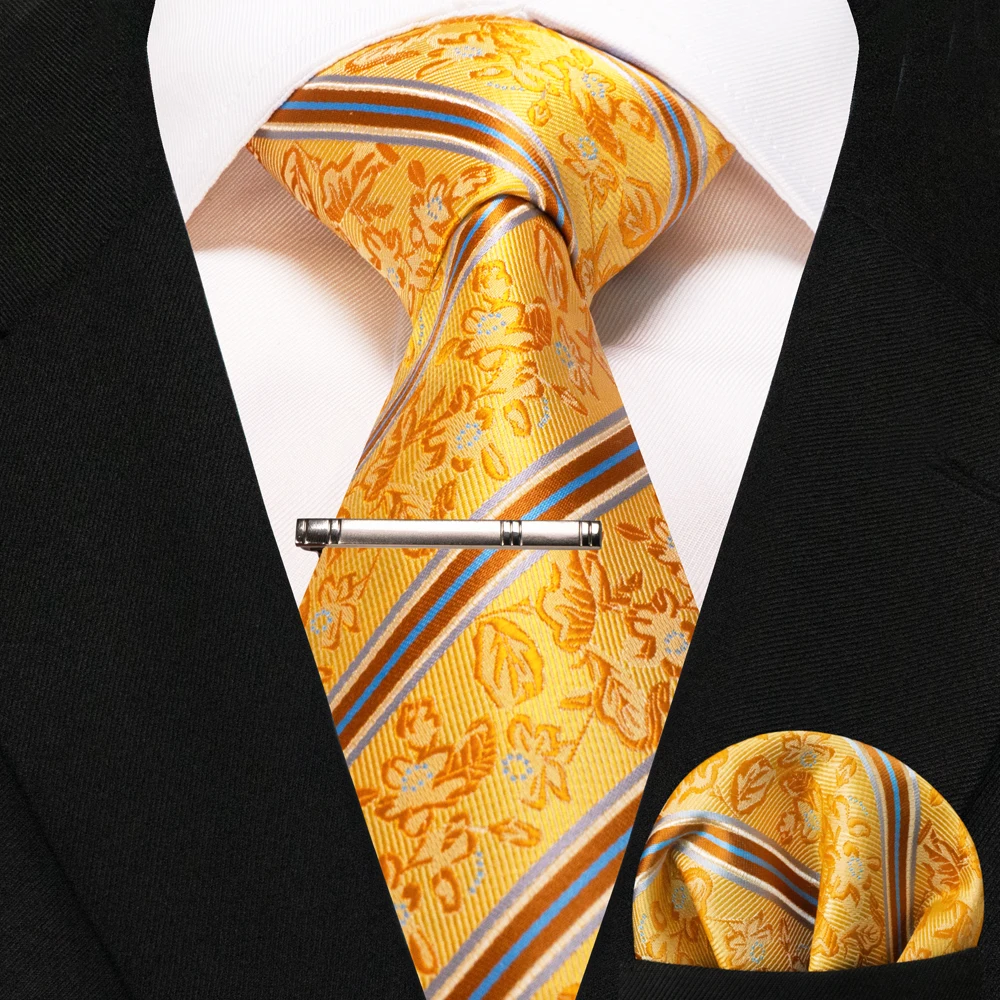 JEMYGINS Business Tie for Men Silk Navy Blue Tie Striped Paisley Necktie Handkerchief Tie Clips Set for Wedding Party Gift