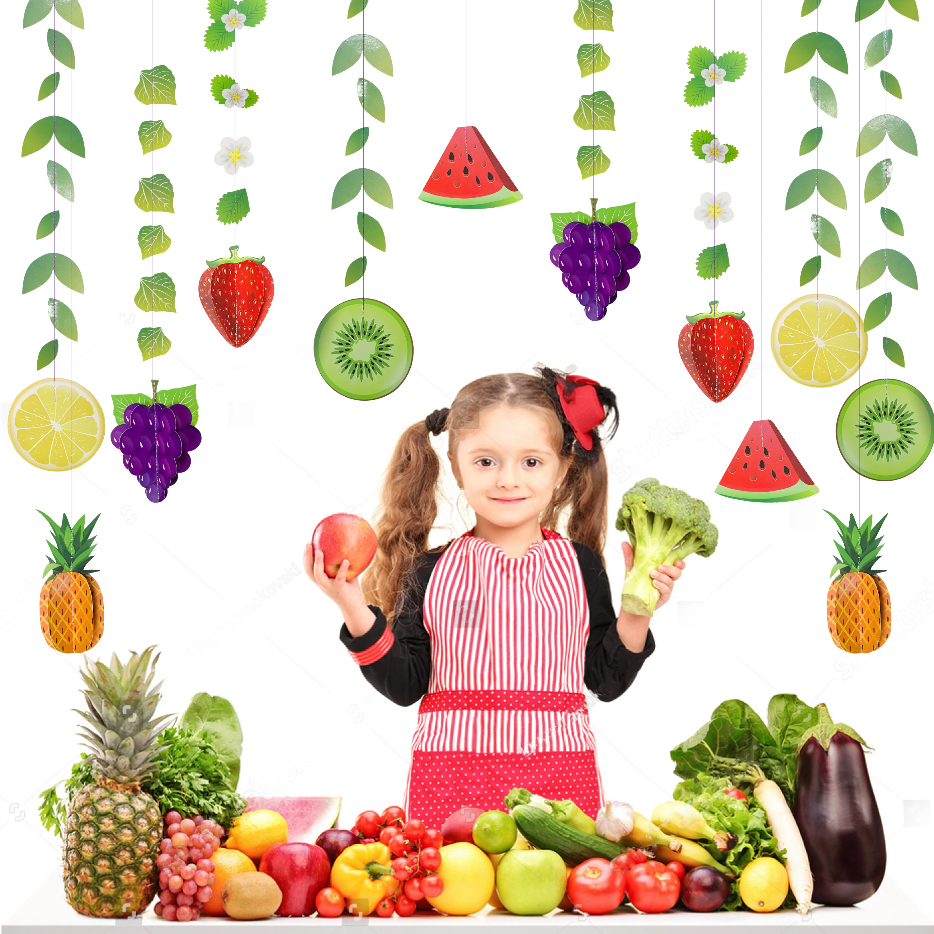 Tropical Hawaiian Summer Fruits Birthday Party Banners Decorations Pineapple Strawberry Green Leaf Garlands Pool Party Birthday