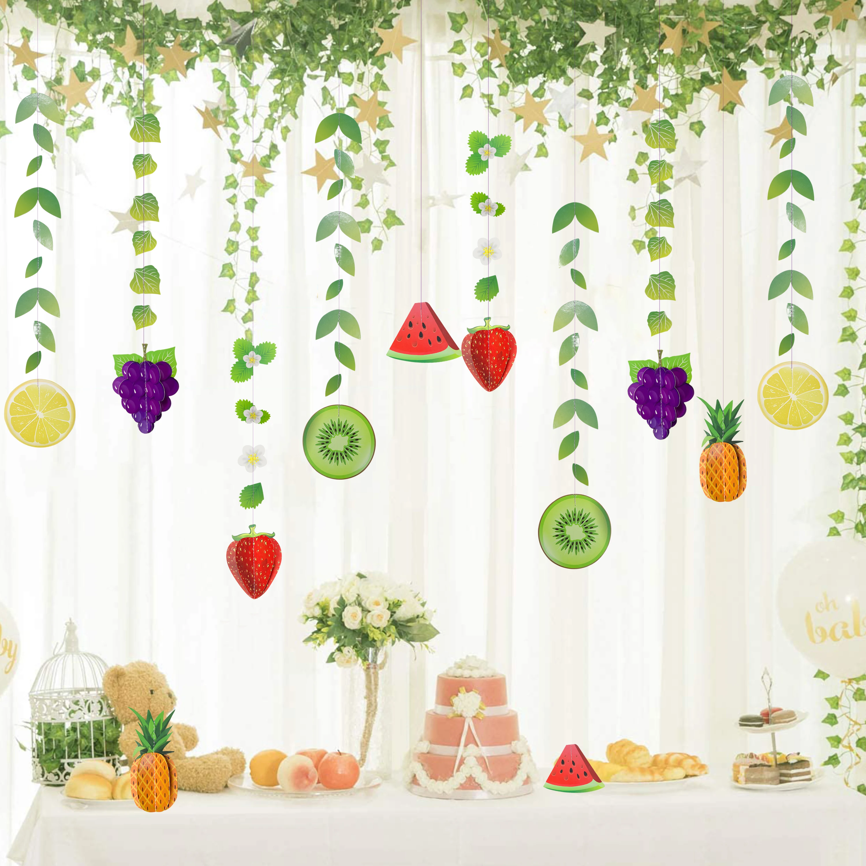 Tropical Hawaiian Summer Fruits Birthday Party Banners Decorations Pineapple Strawberry Green Leaf Garlands Pool Party Birthday