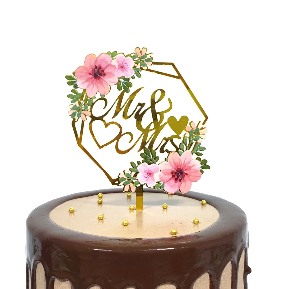 Color Mrs & Mrs Wedding Party Cake Toppers Gold Flowers Acrylic Bride and Groom Cake Toppers for Happy Wedding Cakes Decoration