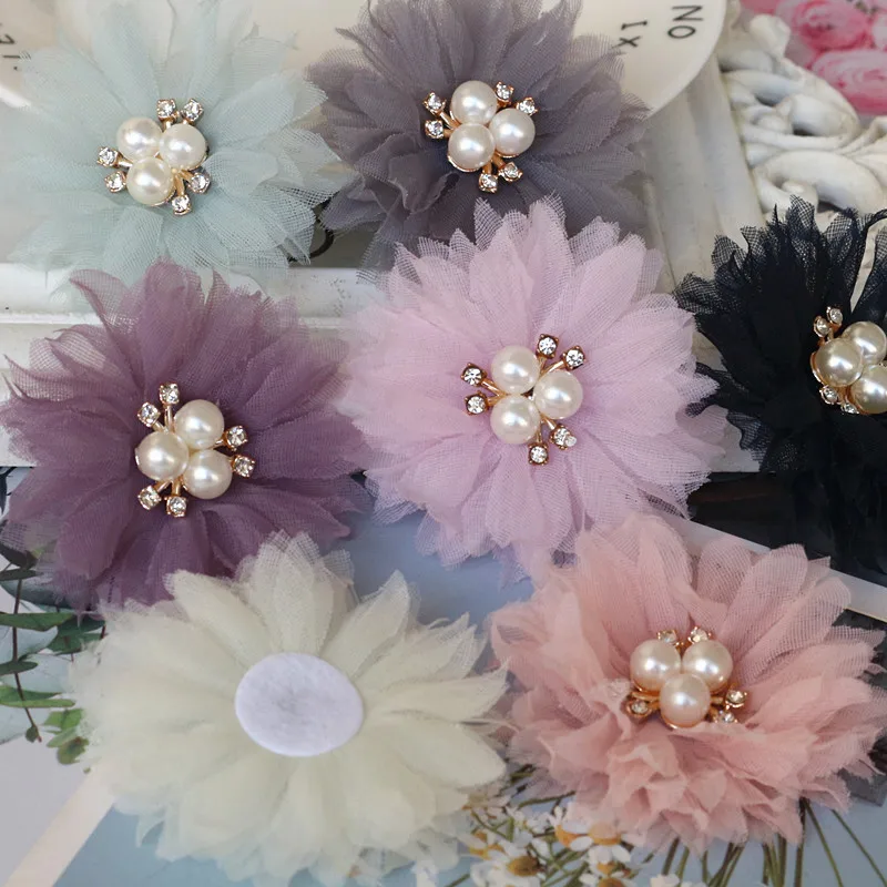10PCS/Lot 6.5CM Pearl Center Handmade DIY Fabric Flowers Hair Accessories Dress Shoes Hats Decoration