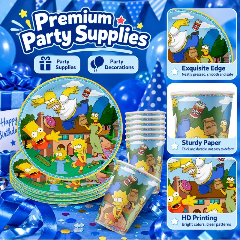 The Simpsons Happy Birthday Party Decoration Tableware Set Cartoon Plates Cups Napkins Practical Durable Bestselling Supplies