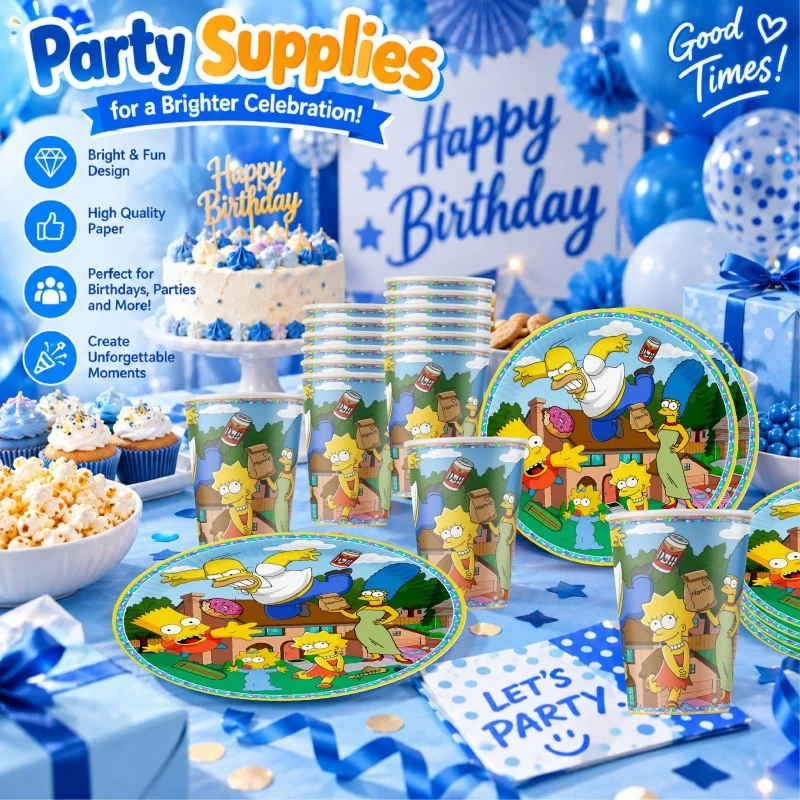 The Simpsons Happy Birthday Party Decoration Tableware Set Cartoon Plates Cups Napkins Practical Durable Bestselling Supplies