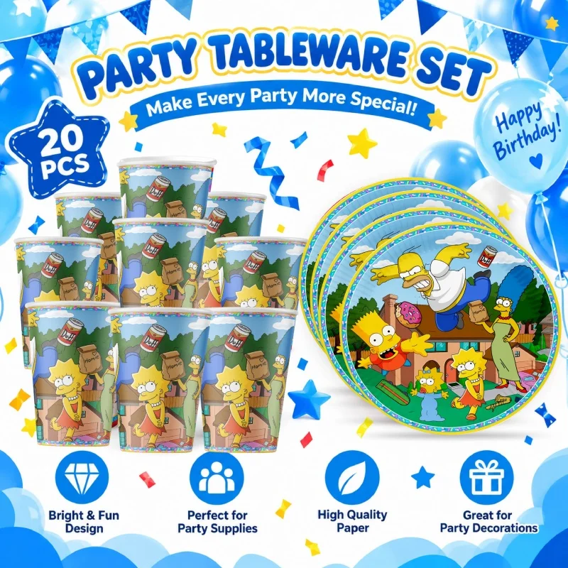 The Simpsons Happy Birthday Party Decoration Tableware Set Cartoon Plates Cups Napkins Practical Durable Bestselling Supplies