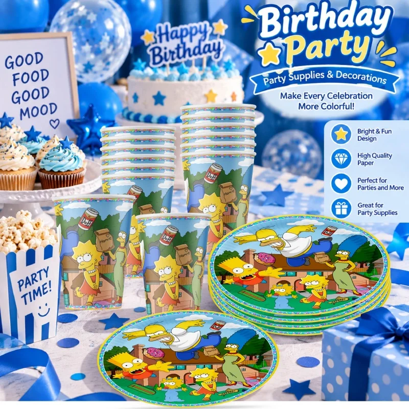 The Simpsons Happy Birthday Party Decoration Tableware Set Cartoon Plates Cups Napkins Practical Durable Bestselling Supplies