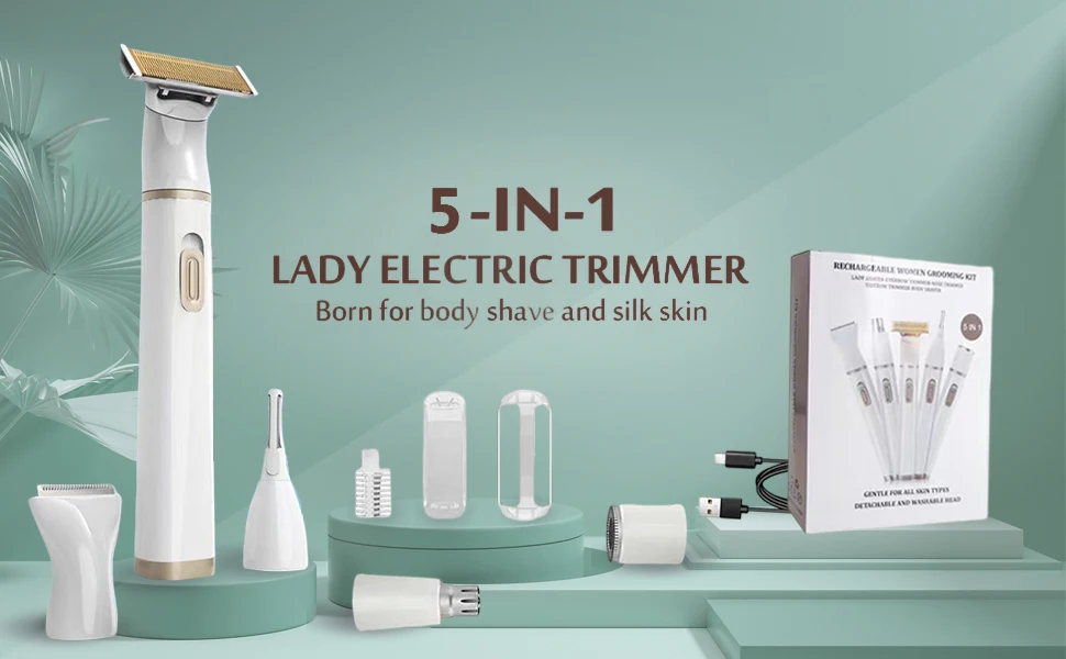 5 In 1 Electric Shaver for Women Painless Eyebrow Razor Bikini Trimmer Cordless Womens Body Shaver Facial Hair Remover Depilador