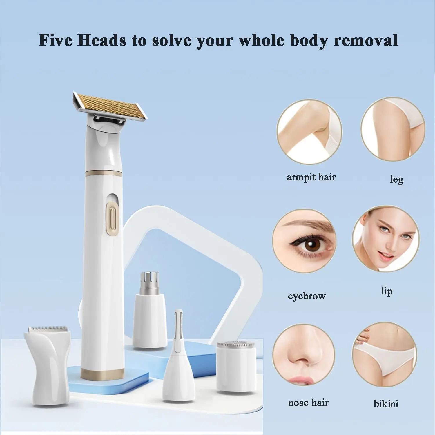 5 In 1 Electric Shaver for Women Painless Eyebrow Razor Bikini Trimmer Cordless Womens Body Shaver Facial Hair Remover Depilador