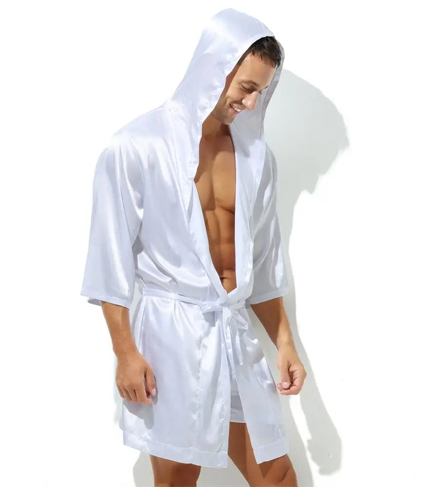 Sexy Sleepwear Men Robes Bathrobes Soft Silky Short Sleeve Nightgown Mens Homewear Dressing Gown Male Pajamas (No shorts)