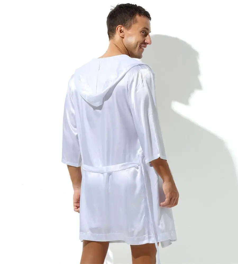 Sexy Sleepwear Men Robes Bathrobes Soft Silky Short Sleeve Nightgown Mens Homewear Dressing Gown Male Pajamas (No shorts)