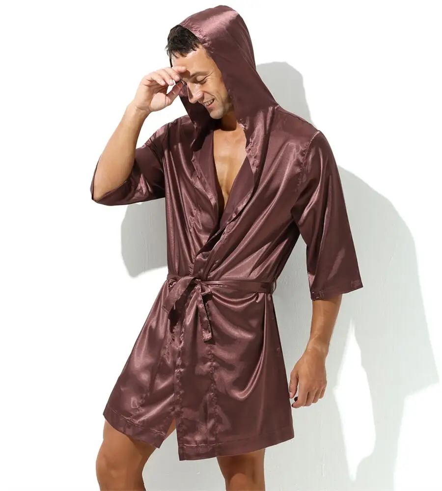 Sexy Sleepwear Men Robes Bathrobes Soft Silky Short Sleeve Nightgown Mens Homewear Dressing Gown Male Pajamas (No shorts)