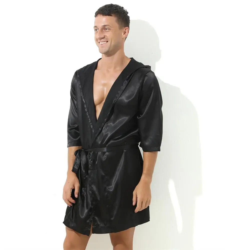 Sexy Sleepwear Men Robes Bathrobes Soft Silky Short Sleeve Nightgown Mens Homewear Dressing Gown Male Pajamas (No shorts)