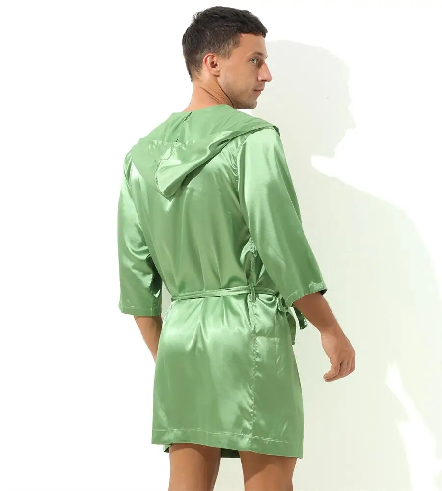 Sexy Sleepwear Men Robes Bathrobes Soft Silky Short Sleeve Nightgown Mens Homewear Dressing Gown Male Pajamas (No shorts)