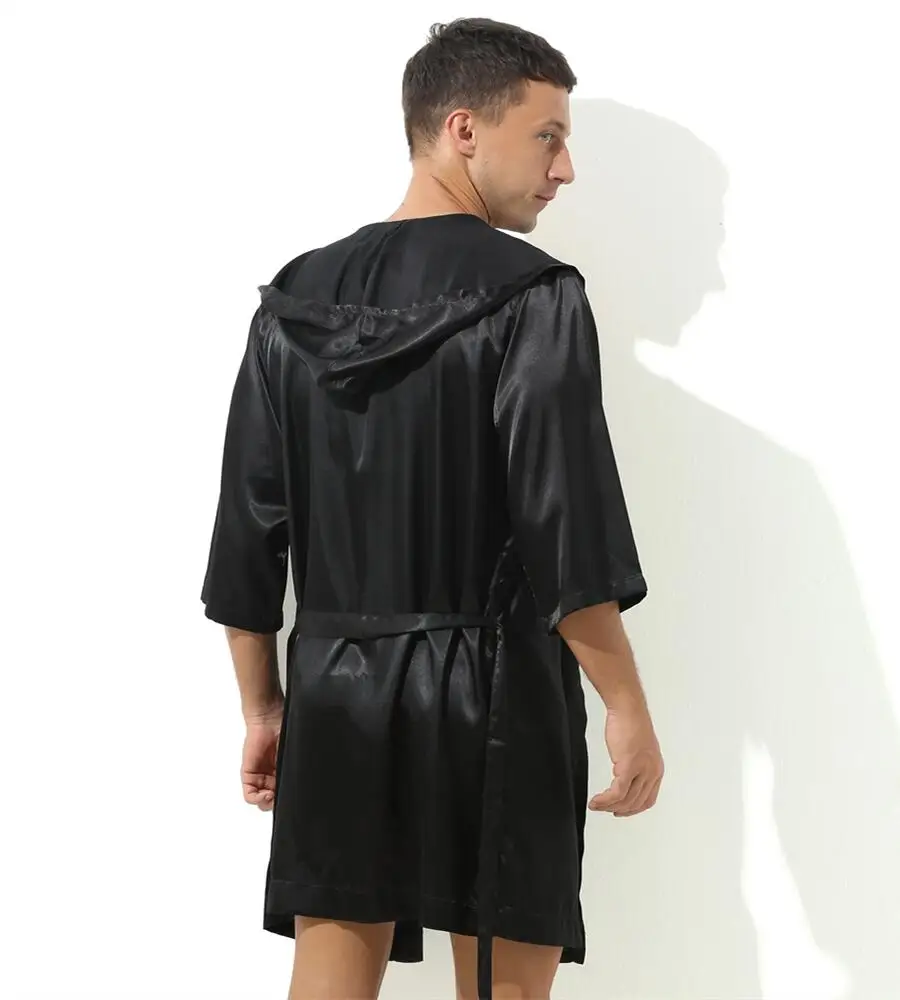 Sexy Sleepwear Men Robes Bathrobes Soft Silky Short Sleeve Nightgown Mens Homewear Dressing Gown Male Pajamas (No shorts)