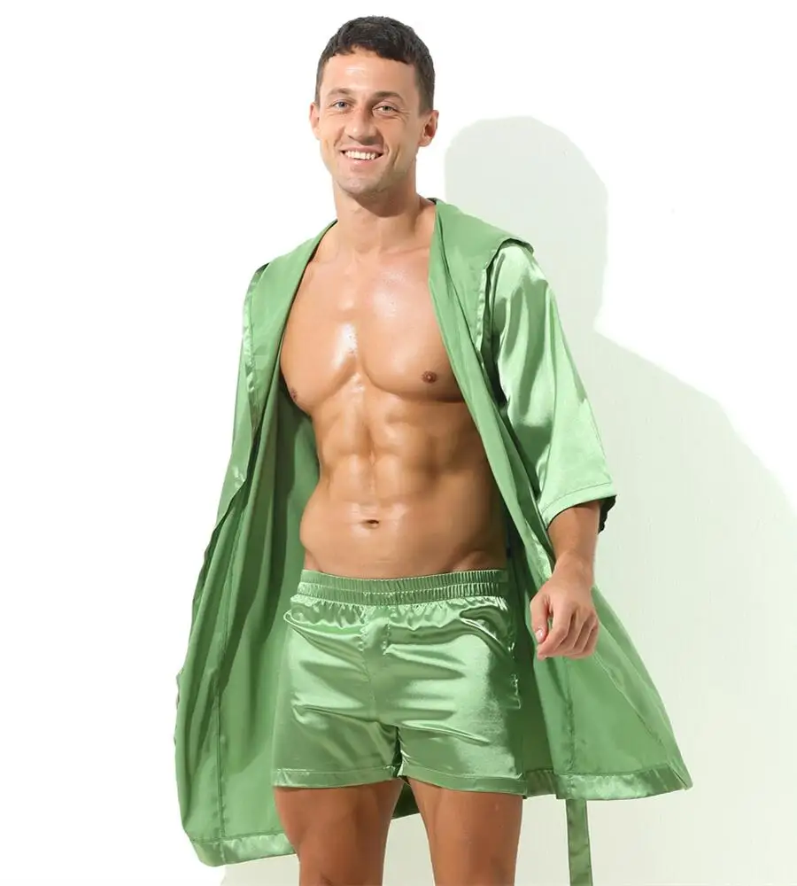 Sexy Sleepwear Men Robes Bathrobes Soft Silky Short Sleeve Nightgown Mens Homewear Dressing Gown Male Pajamas (No shorts)