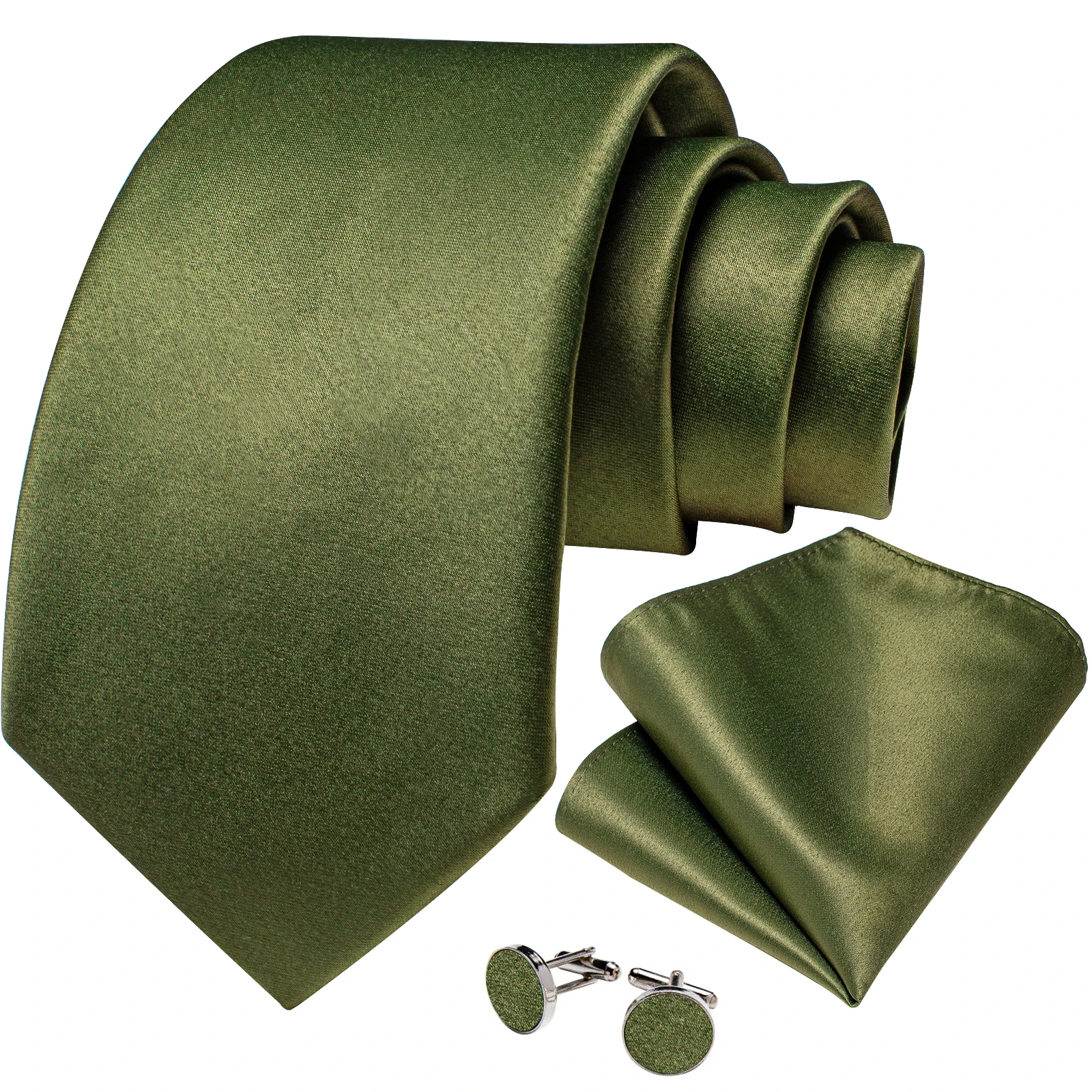 New Olive Green Solid Ties for Men Pocket Square Cufflinks Gift Wedding Party Accessories 8cm Necktie Set Wholesale