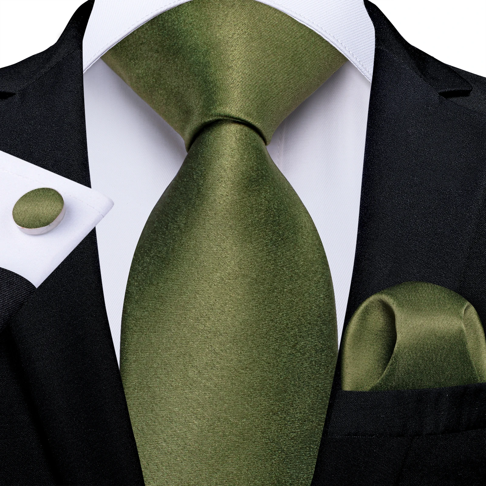 New Olive Green Solid Ties for Men Pocket Square Cufflinks Gift Wedding Party Accessories 8cm Necktie Set Wholesale