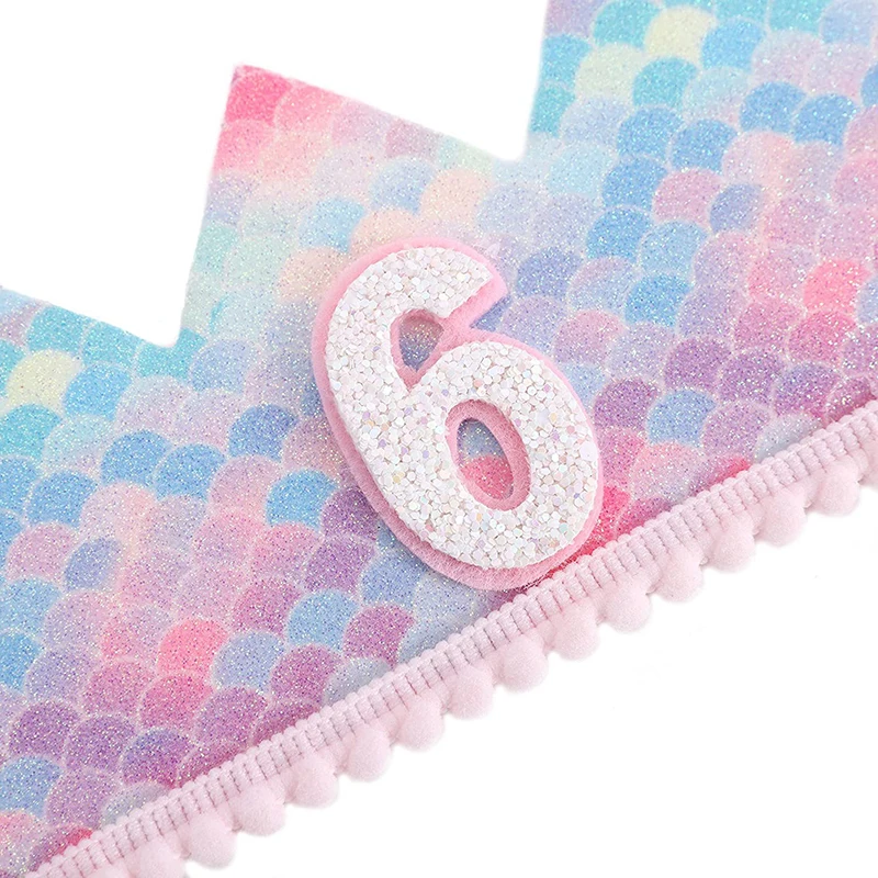 1pcs Mermaid Birthday Rainbow Crown Cap 1st 2nd 3rd Years Kids Baby Shower Hat With Rope Birthday Headband Mermaid Party Decor