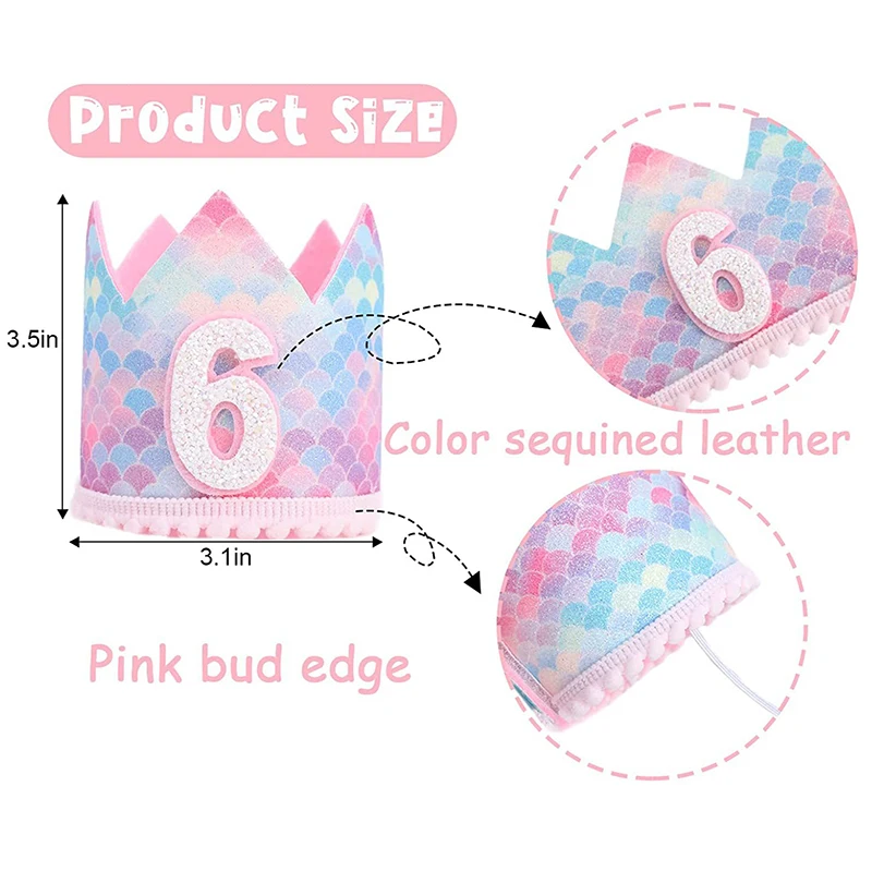 1pcs Mermaid Birthday Rainbow Crown Cap 1st 2nd 3rd Years Kids Baby Shower Hat With Rope Birthday Headband Mermaid Party Decor
