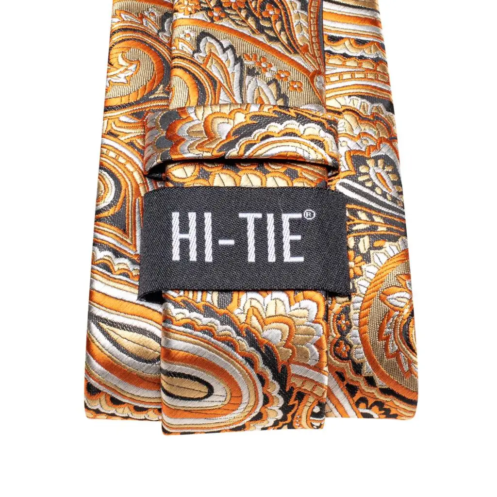 Orange Grey Paisley 2026 New Fashion Brand Tie for Men Wedding Party Necktie Set Handky Cufflinks Gift Wholesale Hi-Tie Designer