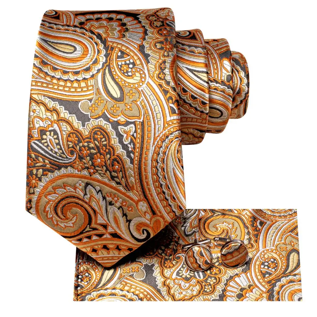 Orange Grey Paisley 2026 New Fashion Brand Tie for Men Wedding Party Necktie Set Handky Cufflinks Gift Wholesale Hi-Tie Designer