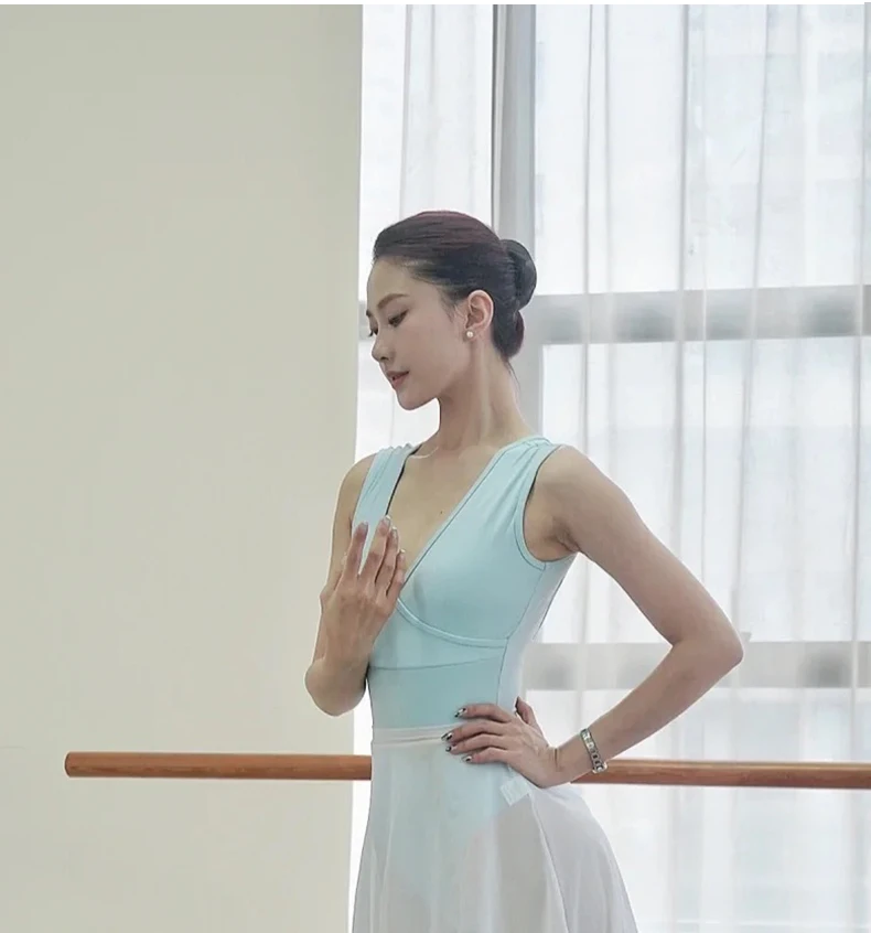 Tights Ballet Dance Suit Women's Round Neck Hanging Neck Slope Stitching Design With Gym Clothes Nylon Jumpsuit Love Back