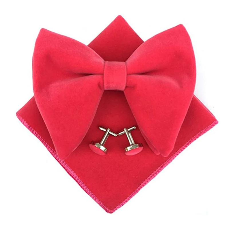 Fashion Velvet Big Bowties Set Women Men Solid Bow Tie Wedding Tuxedo Groom Oversize Bow Knot Pocket Square Cravats Cuff-links