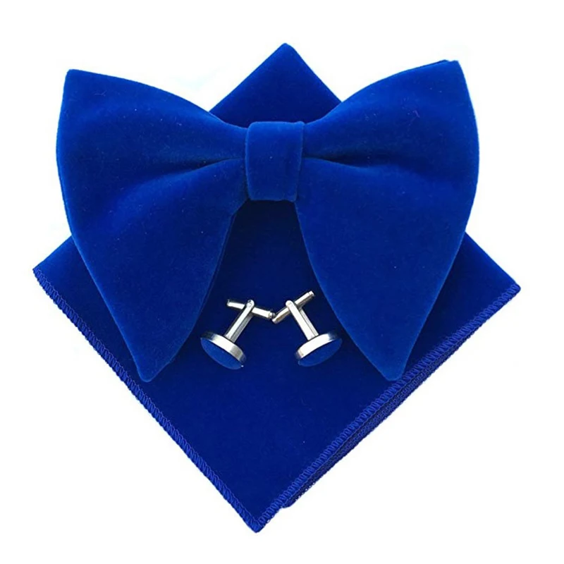 Fashion Velvet Big Bowties Set Women Men Solid Bow Tie Wedding Tuxedo Groom Oversize Bow Knot Pocket Square Cravats Cuff-links