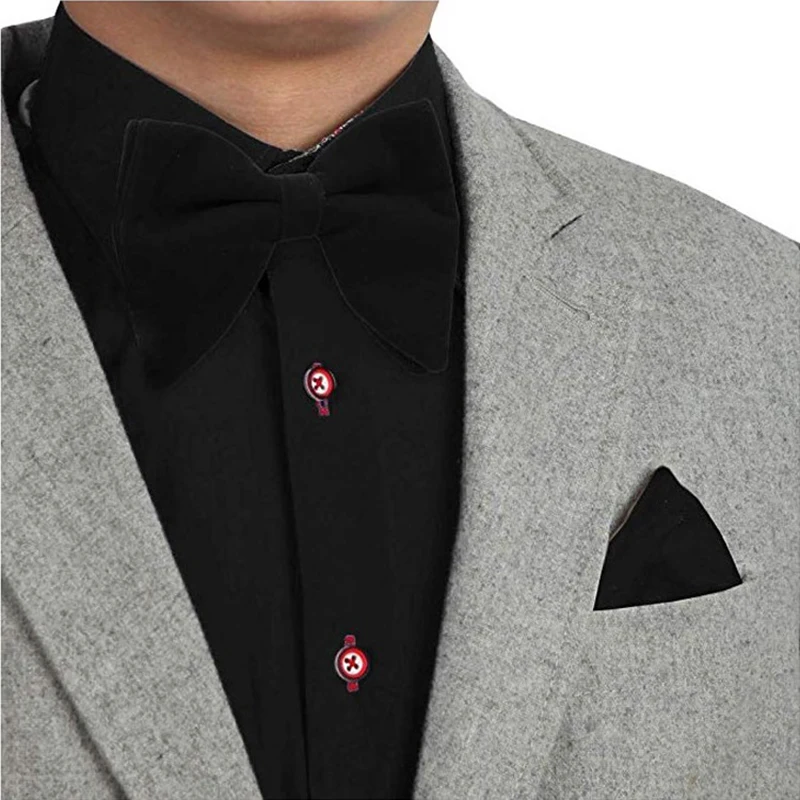 Fashion Velvet Big Bowties Set Women Men Solid Bow Tie Wedding Tuxedo Groom Oversize Bow Knot Pocket Square Cravats Cuff-links