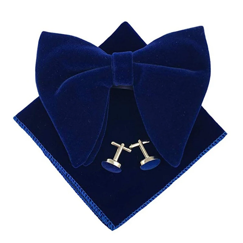 Fashion Velvet Big Bowties Set Women Men Solid Bow Tie Wedding Tuxedo Groom Oversize Bow Knot Pocket Square Cravats Cuff-links