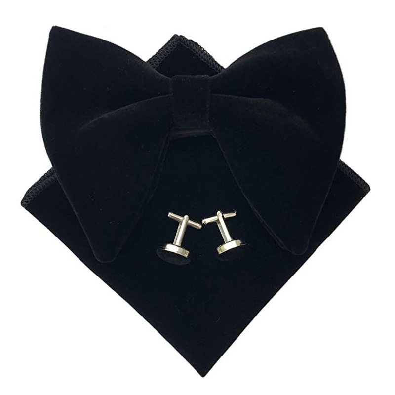 Fashion Velvet Big Bowties Set Women Men Solid Bow Tie Wedding Tuxedo Groom Oversize Bow Knot Pocket Square Cravats Cuff-links