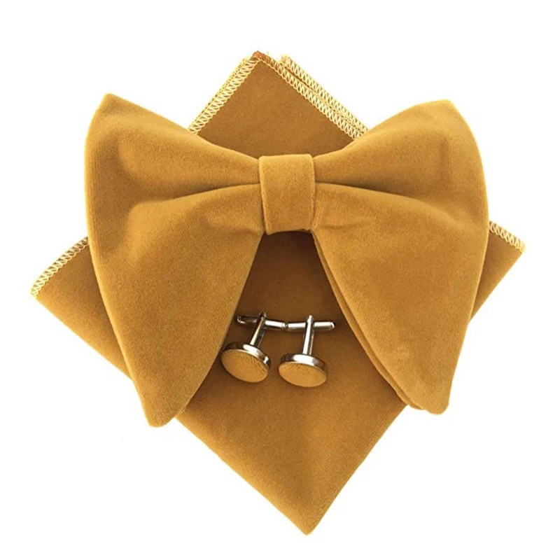 Fashion Velvet Big Bowties Set Women Men Solid Bow Tie Wedding Tuxedo Groom Oversize Bow Knot Pocket Square Cravats Cuff-links