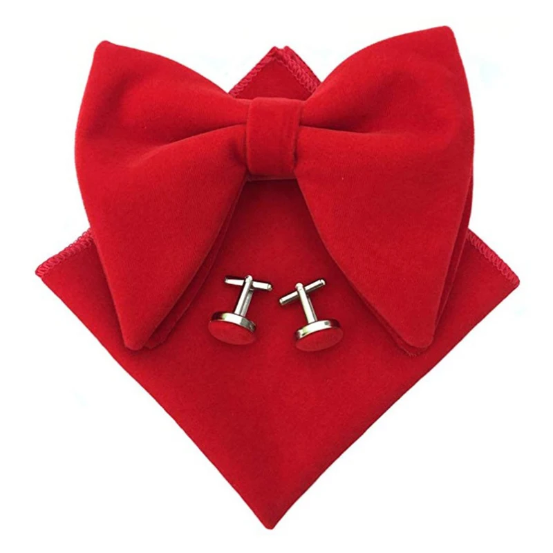 Fashion Velvet Big Bowties Set Women Men Solid Bow Tie Wedding Tuxedo Groom Oversize Bow Knot Pocket Square Cravats Cuff-links