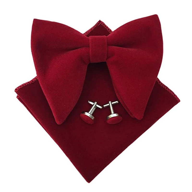 Fashion Velvet Big Bowties Set Women Men Solid Bow Tie Wedding Tuxedo Groom Oversize Bow Knot Pocket Square Cravats Cuff-links
