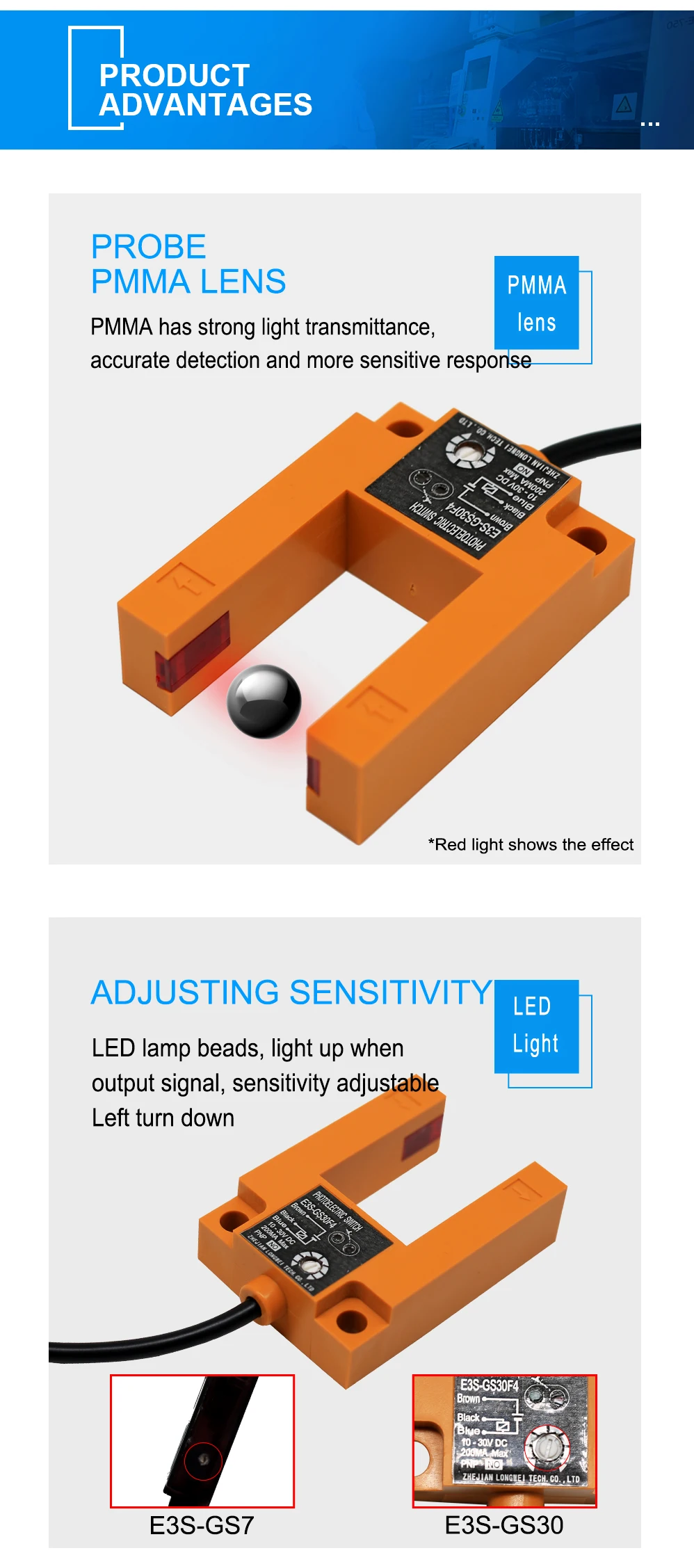 Infrared U-Slot Photoelectric Sensor E3S-GS30/E3S-GS15/E3S-GS7 DC 12-24V Proximity Switches Three-Wire NPN PNP Detection