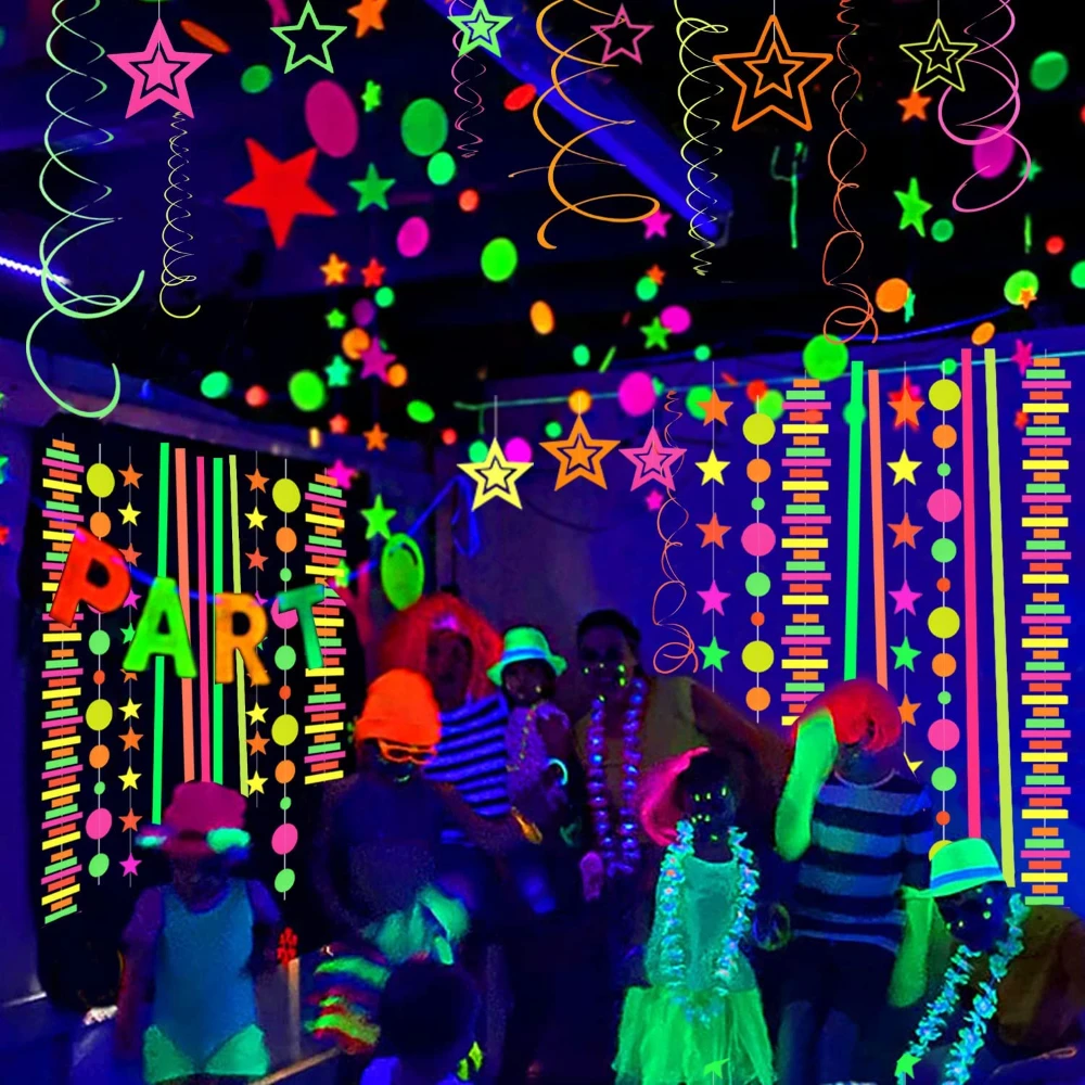 Neon Happy Birthday Banner Blacklight Party Supplies Glow in the Dark Birthday Banner Black Light Reactive UV Party Accessories