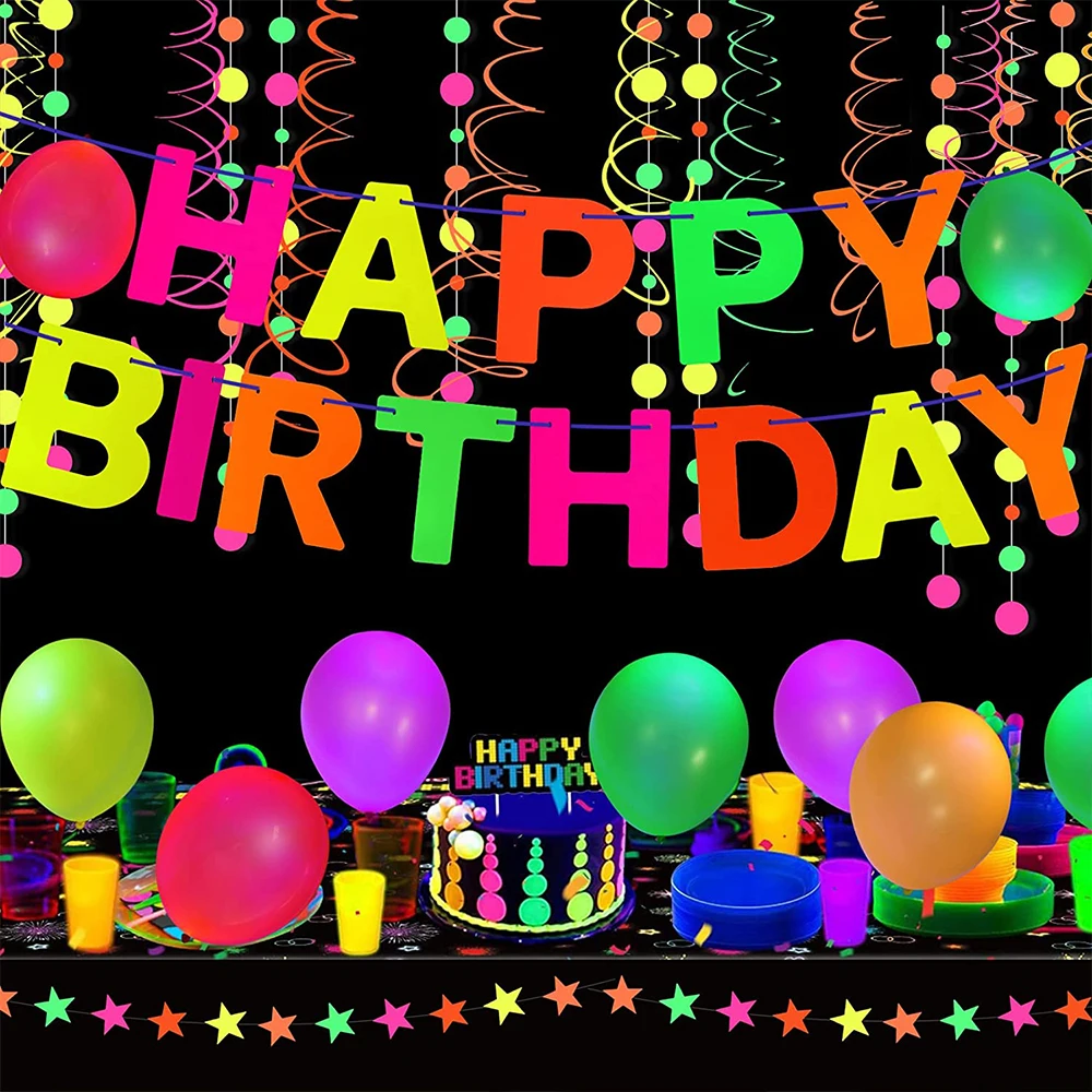 Neon Happy Birthday Banner Blacklight Party Supplies Glow in the Dark Birthday Banner Black Light Reactive UV Party Accessories