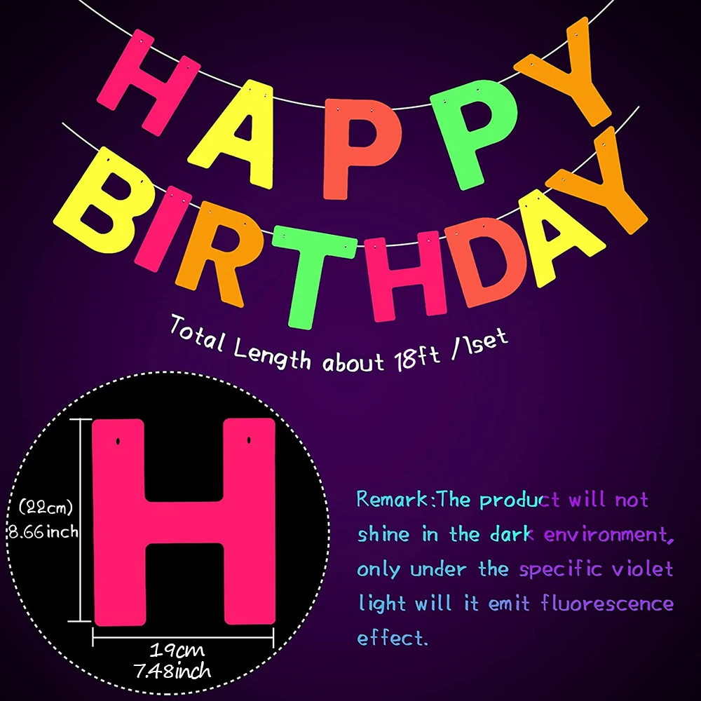Neon Happy Birthday Banner Blacklight Party Supplies Glow in the Dark Birthday Banner Black Light Reactive UV Party Accessories