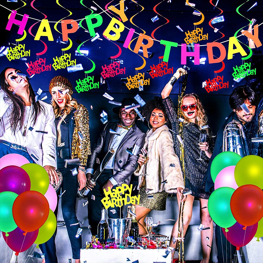 Neon Happy Birthday Banner Blacklight Party Supplies Glow in the Dark Birthday Banner Black Light Reactive UV Party Accessories